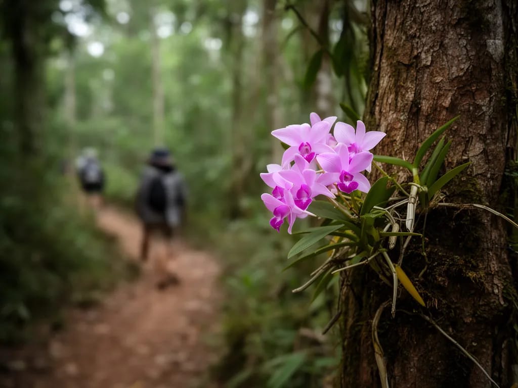 Wild orchid flowering on a tree trunk near the lower trail
