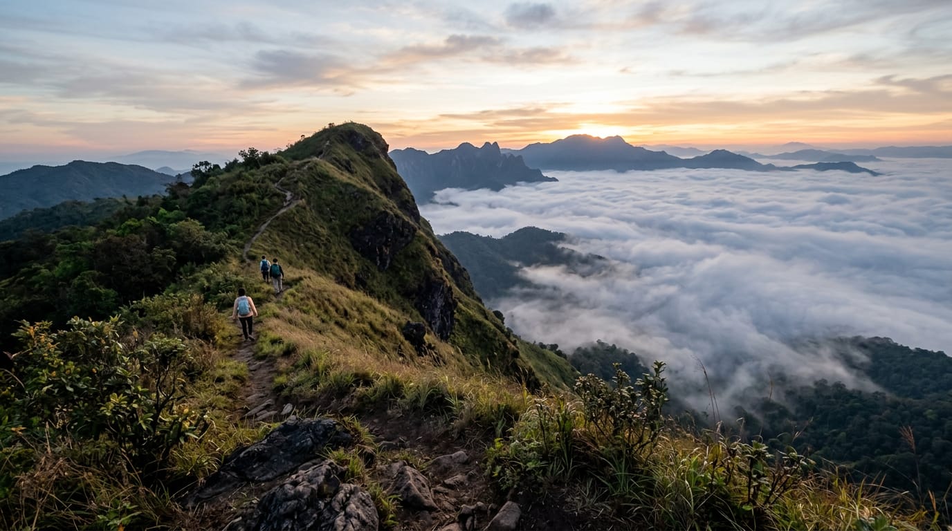 The Doi Lanka Noi summit ridge at sunrise, mist filling the valleys below