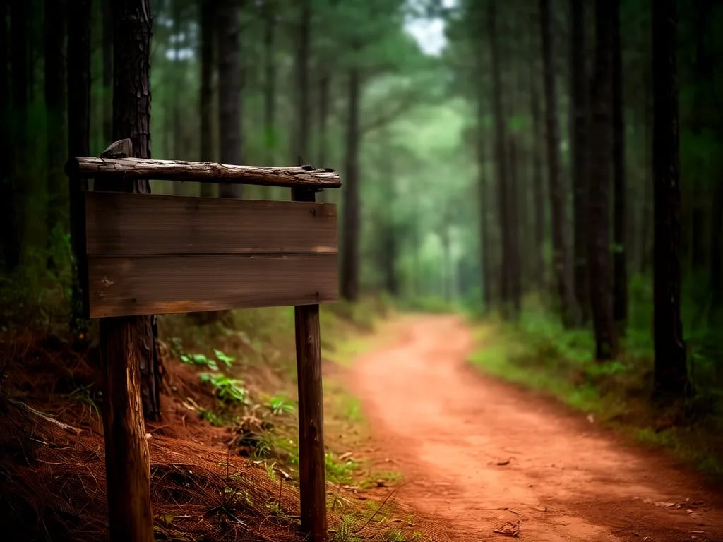 Trailhead sign at Doi Pui Hmong village with the dirt track leading into pine forest