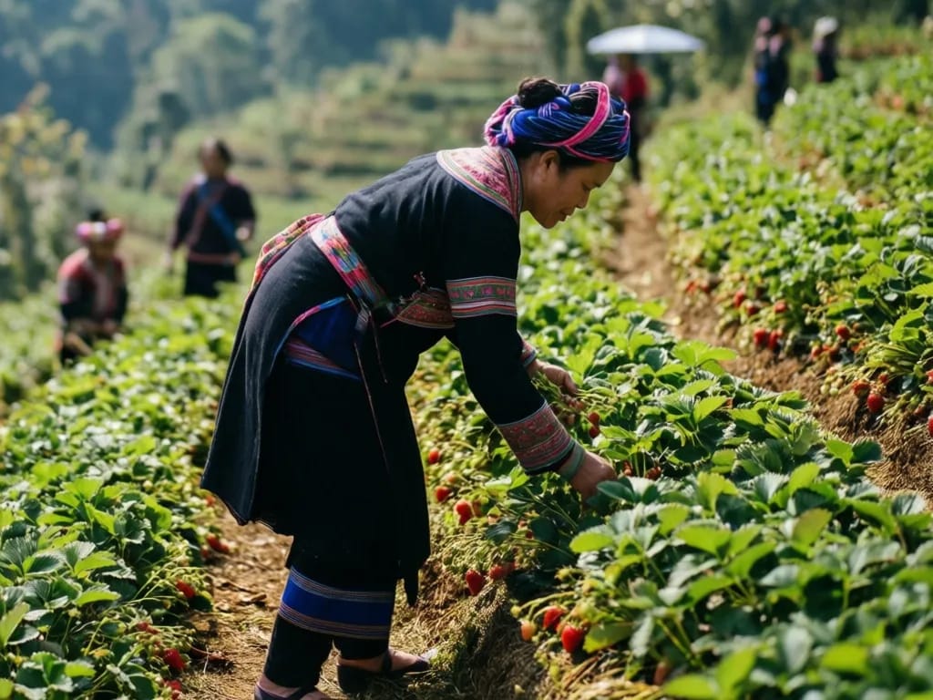 Hmong farmer harvesting strawberries beside the trail in the cool season