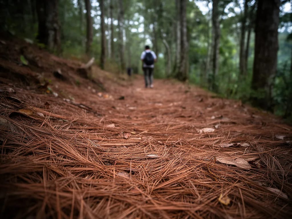 Pine needles thick on the forest floor along the ridge traverse