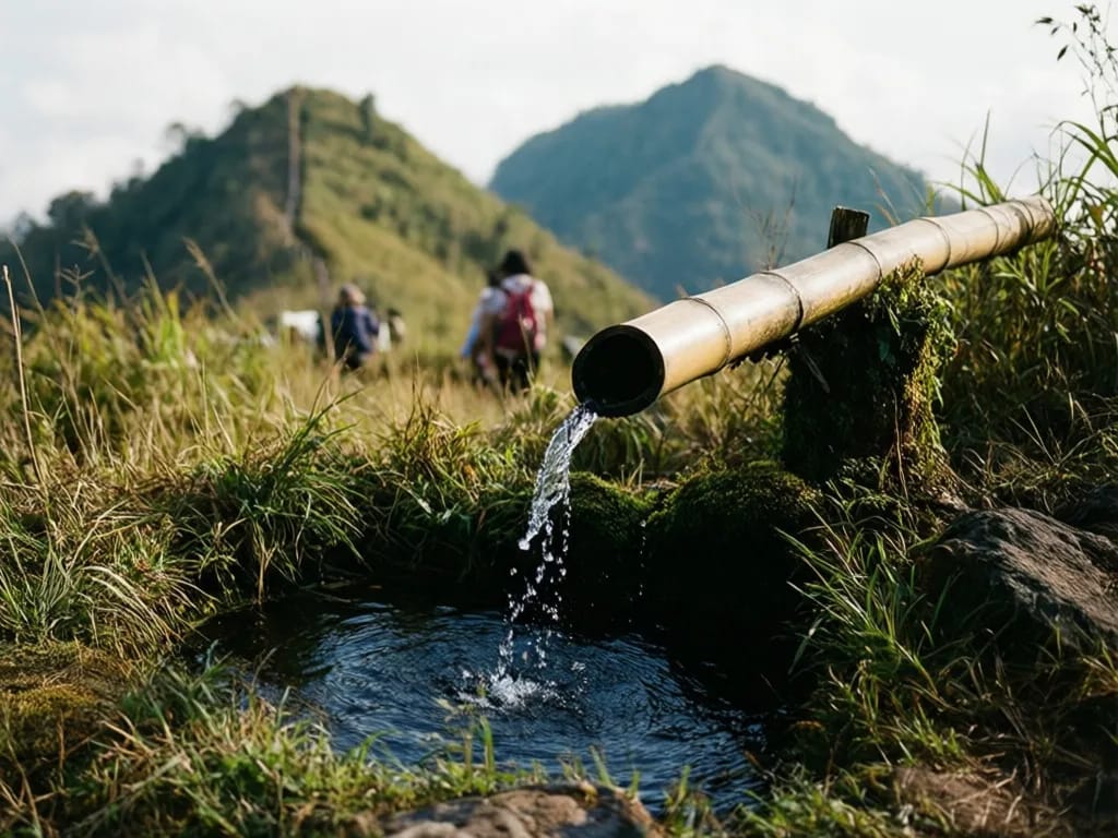 Small mountain spring with bamboo pipe near the saddle between the two peaks