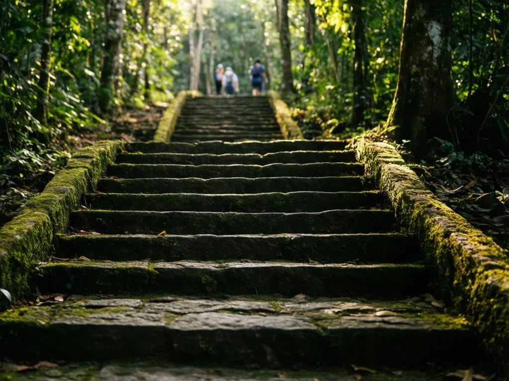 Mossy stone steps approaching Wat Pha Lat in dappled forest light