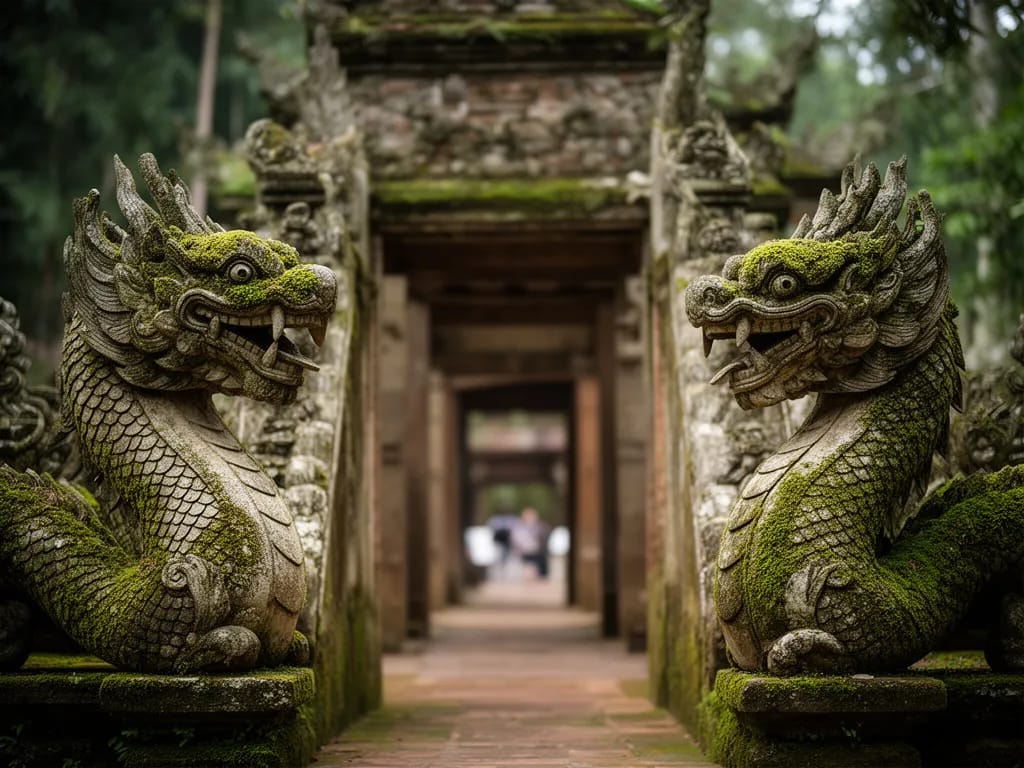 Stone nagas at the entrance to Wat Pha Lat, half-covered in moss