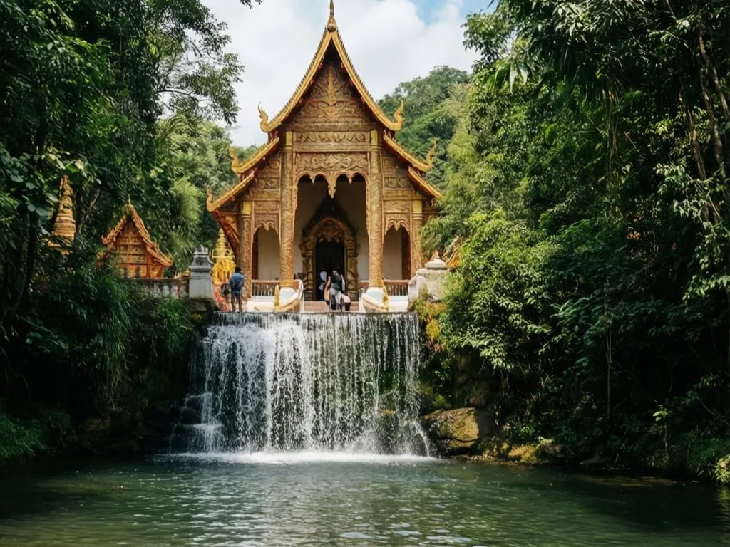 Wat Pha Lat seen from the waterfall pool below the temple