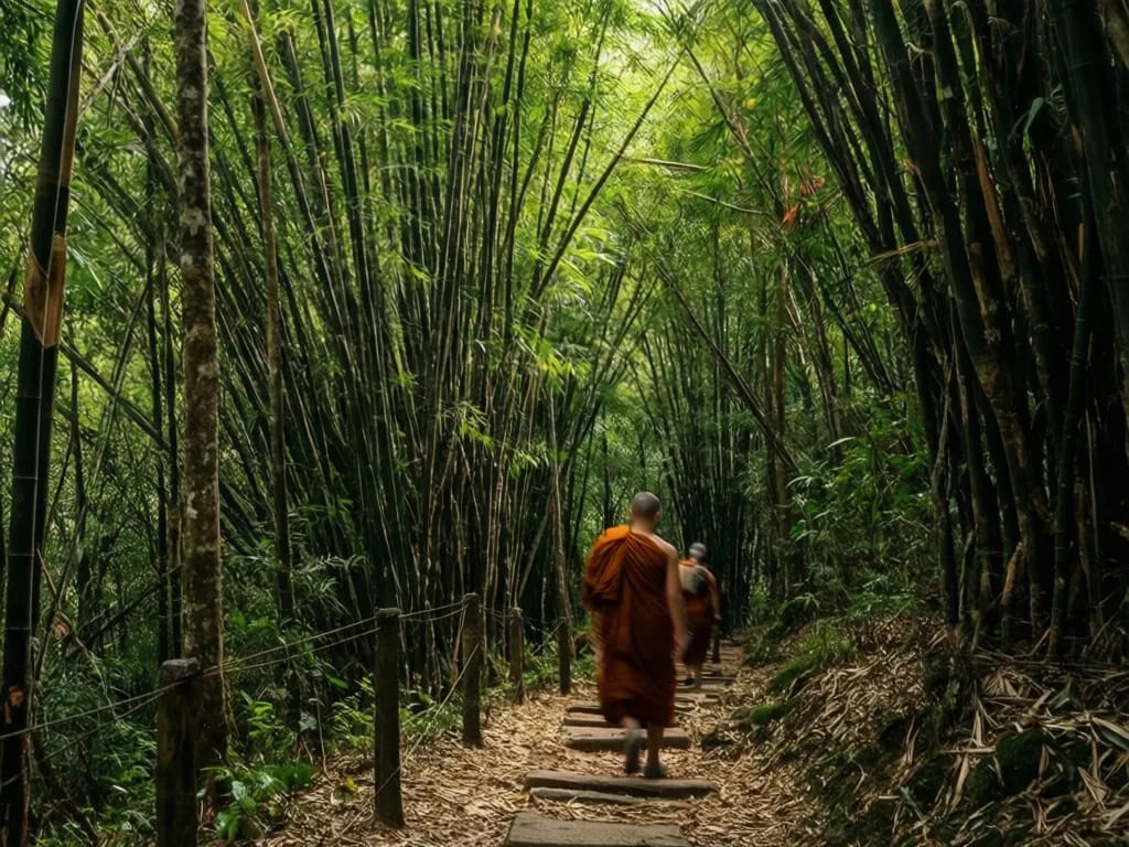The Monks Trail descending through bamboo and dipterocarp forest