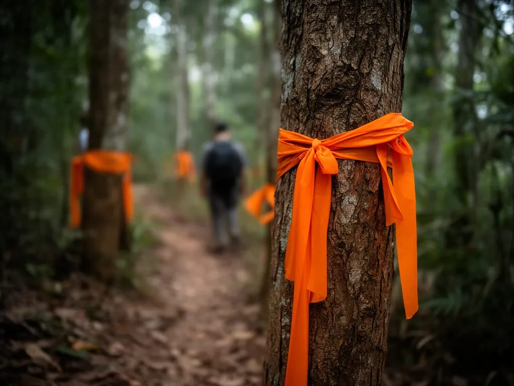 Orange ribbons tied to trees marking the Monks Trail route