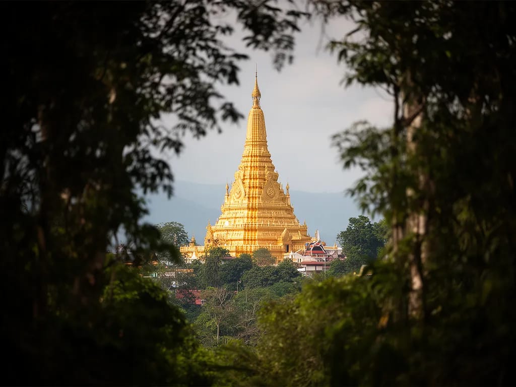 First view of the golden chedi at Wat Phra That Doi Suthep through the trees