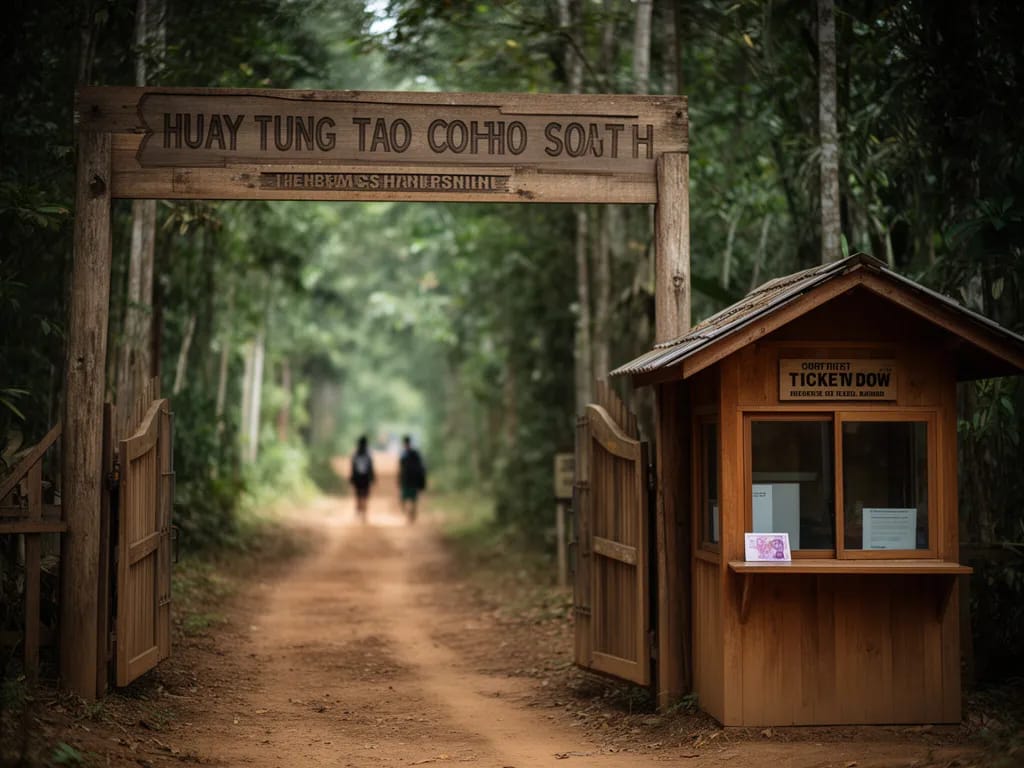 Wooden entry gate at the south-east corner of Huay Tung Tao with a 50 baht ticket window