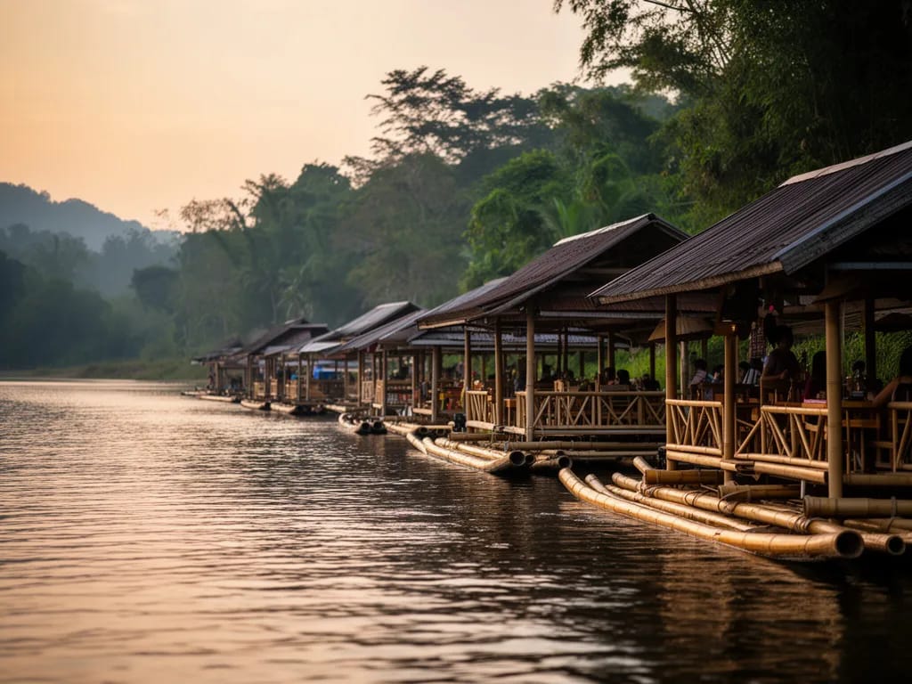 The signature bamboo raft restaurants strung along the eastern shore at dawn