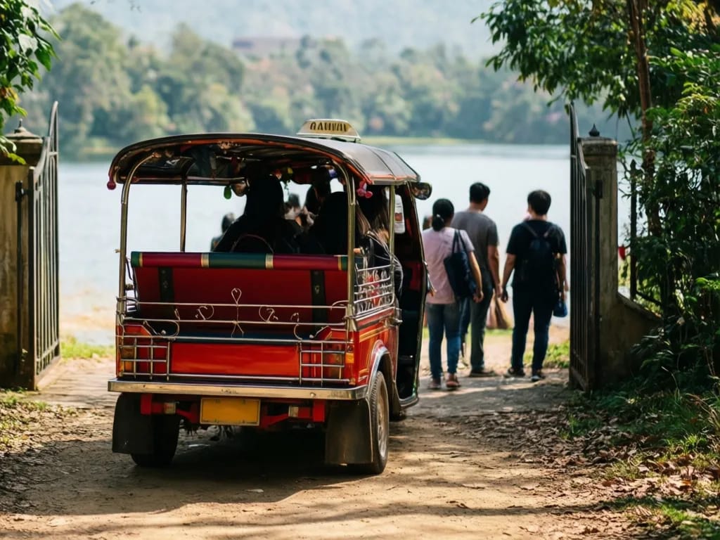A red songthaew dropping passengers at the reservoir entrance