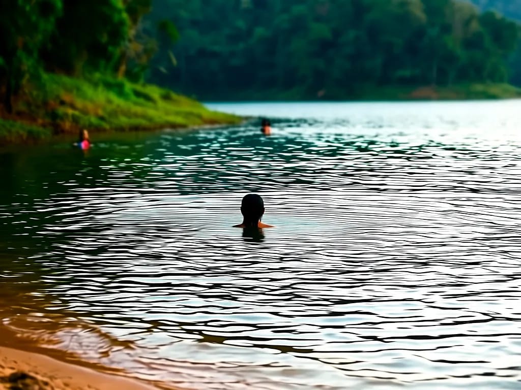 Local family swimming at the gentle inlet on the western shore