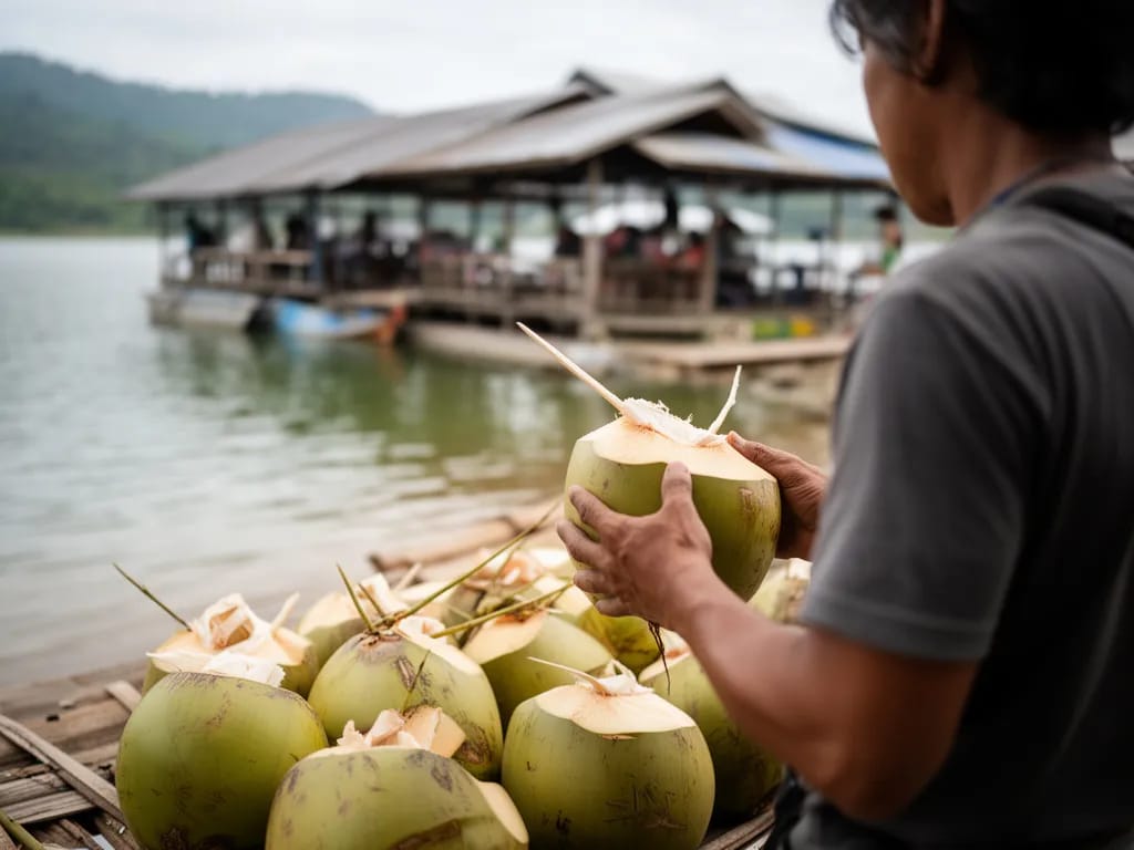 A vendor selling fresh young coconuts beside the raft restaurants