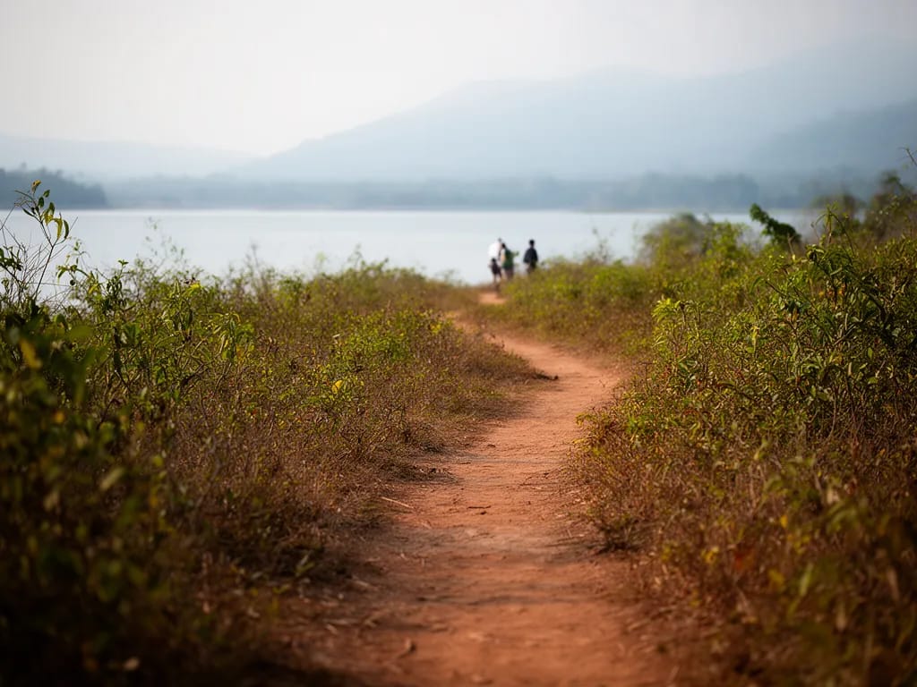 Dirt path through low scrub on the western shoreline