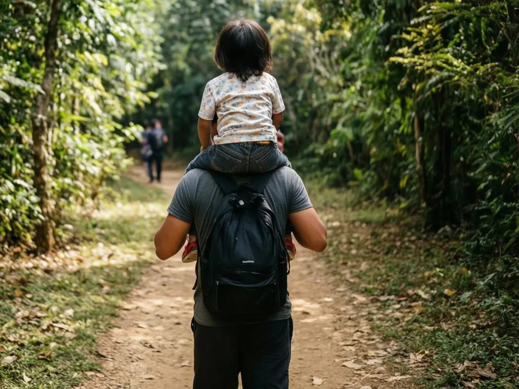 A father carrying a small child on his shoulders along the flat trail