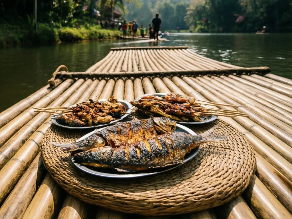 Bamboo raft platform with grilled fish lunch laid out on the woven mat