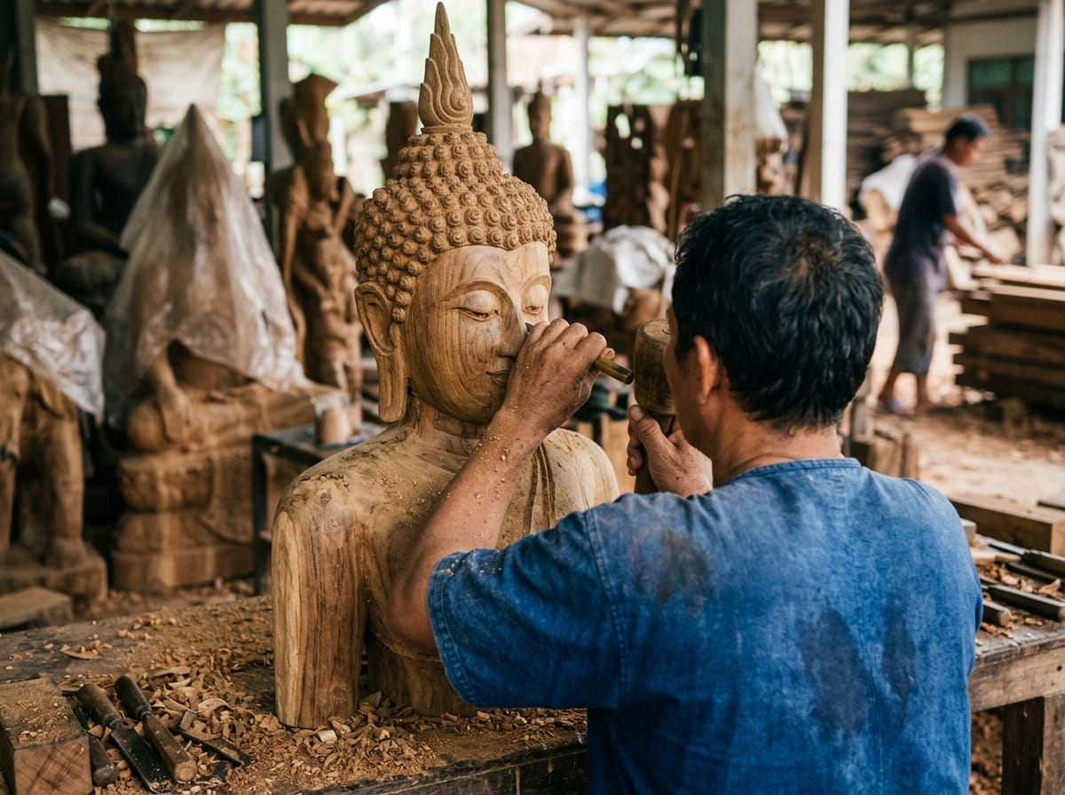 Master carver finishing detail on a large teak Buddha image at Ban Tawai