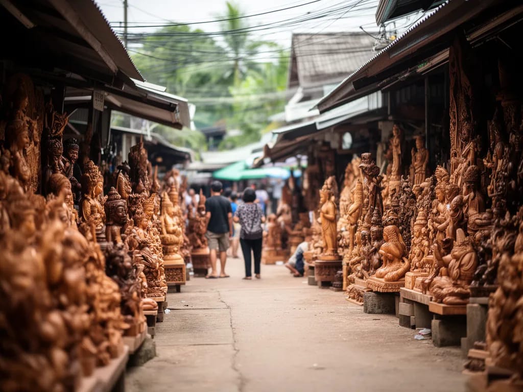 Stacked teak panels with Lanna-style carved motifs ready for shipping