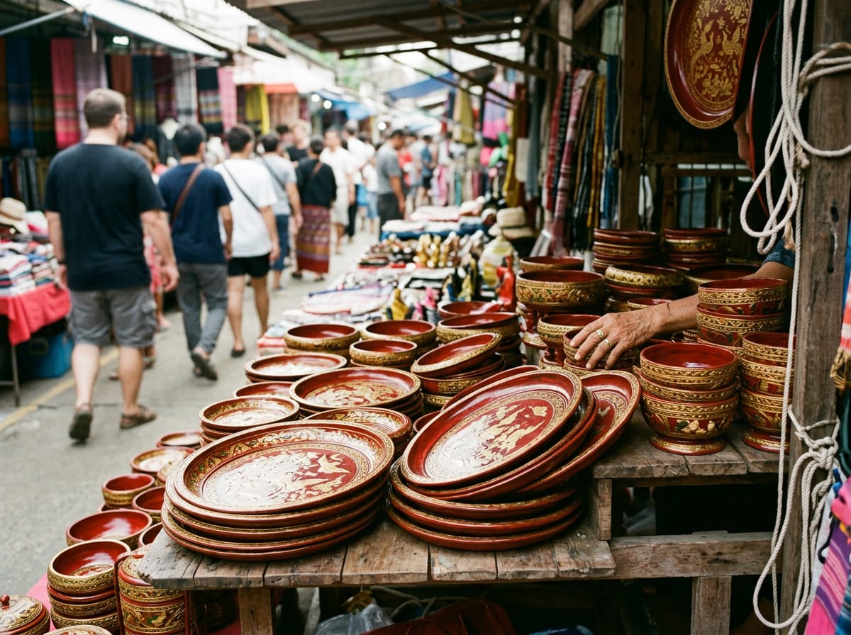 Lacquered Burmese trays and bowls in red and gold on a craft stall