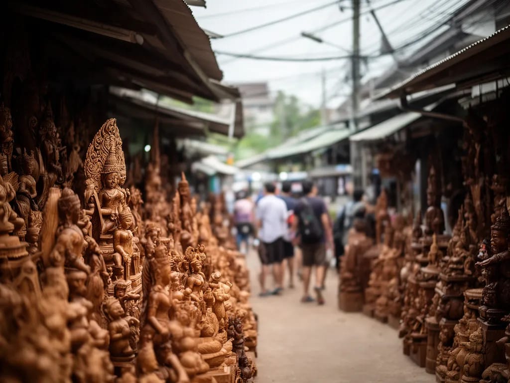 Ban Tawai handicraft centre entrance arch with carved teak signage