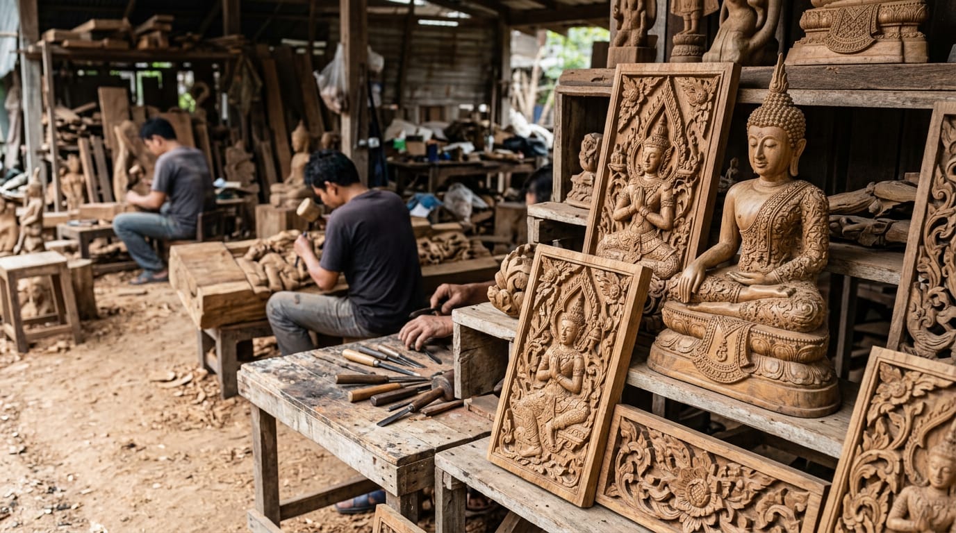 Carved teak Buddha statues and architectural panels at a Ban Tawai workshop with carvers working in the background