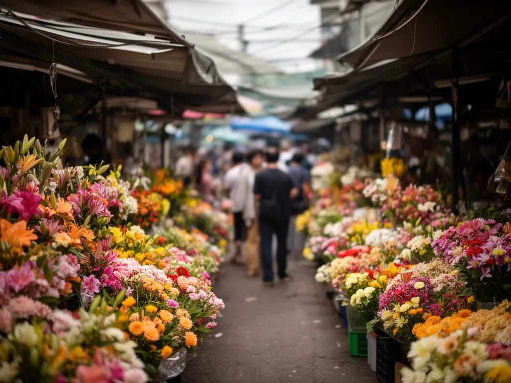 Marigold garlands sold by weight at a Chiang Mai Flower Market stall