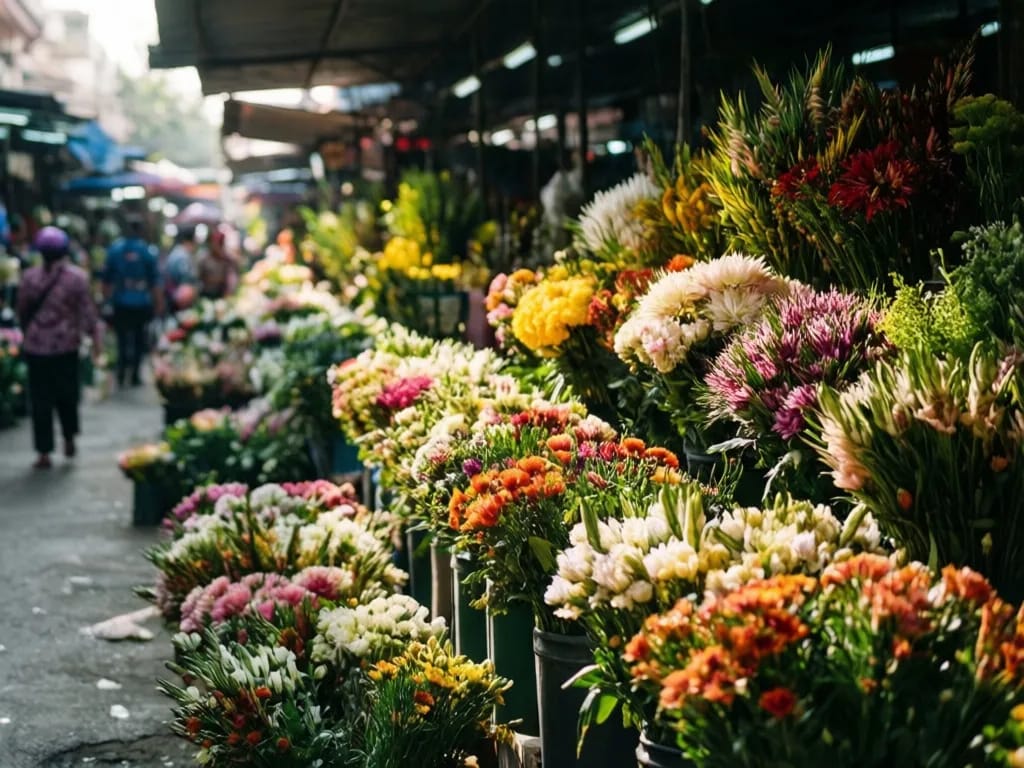 Wholesale buyers loading orchid bundles into a pickup truck at dawn