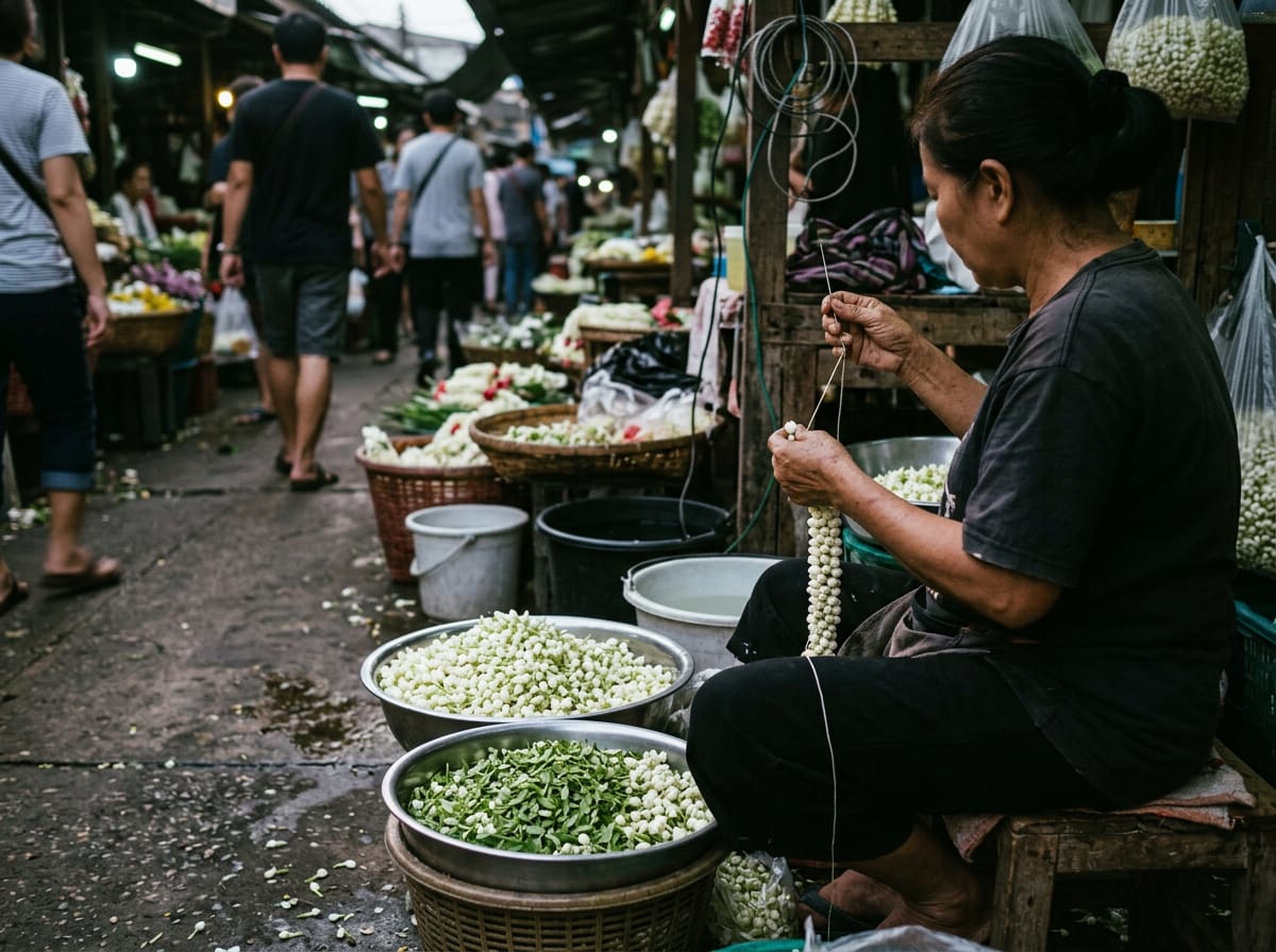 Jasmine garland maker threading flowers at the Chiang Mai Flower Market