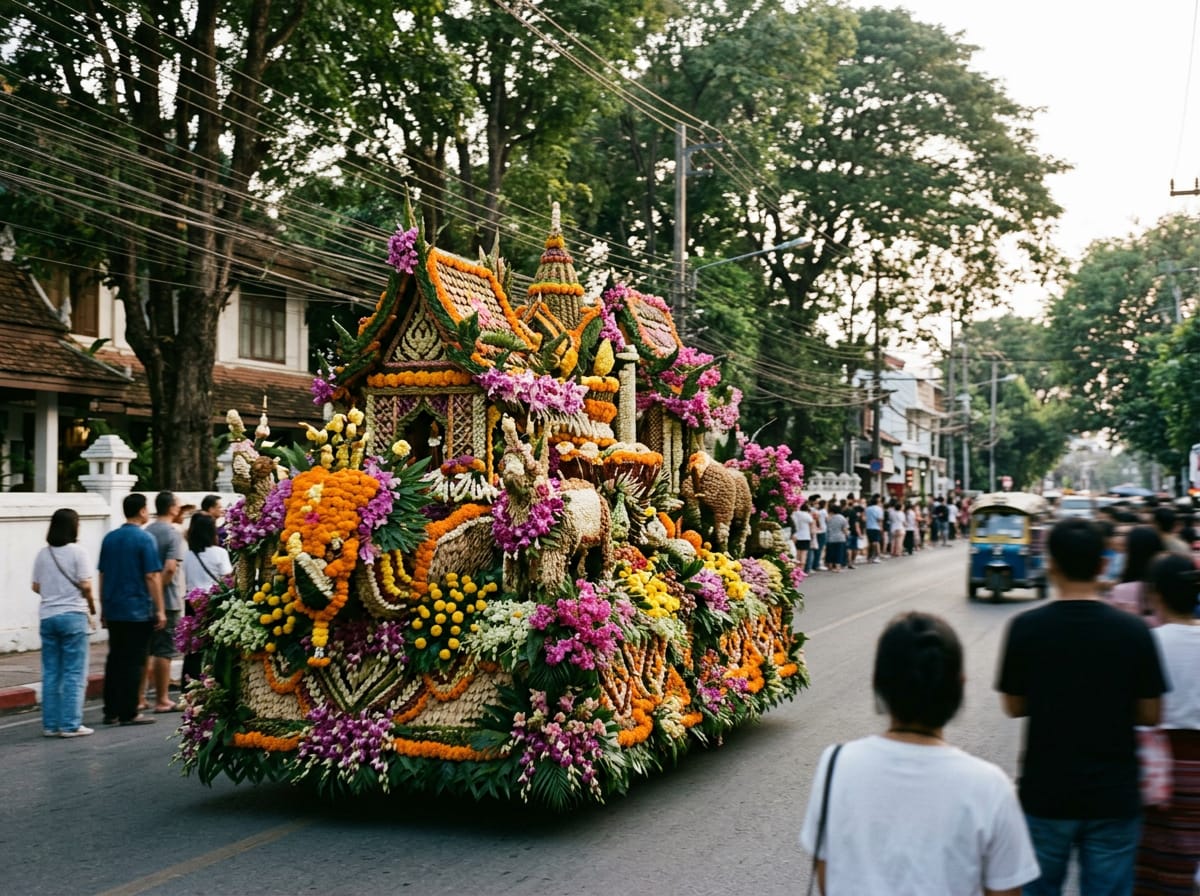 Floral parade float decorated for the Chiang Mai Flower Festival