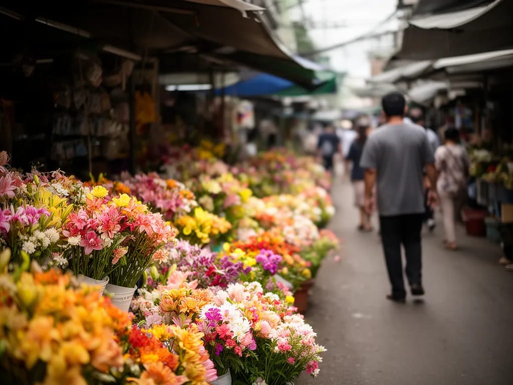 Rows of dyed gerbera daisies at a retail stall