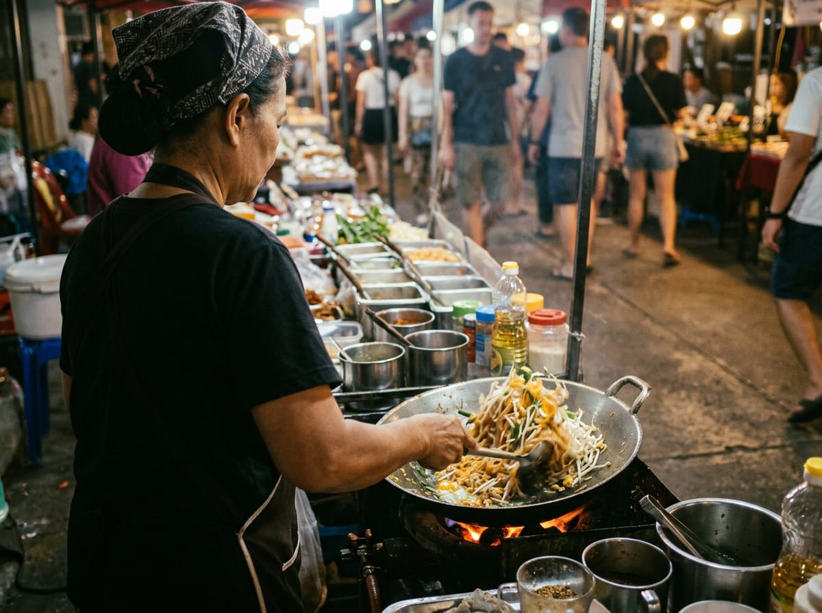 Vendor cooking pad thai over a charcoal wok at the Saturday Walking Street