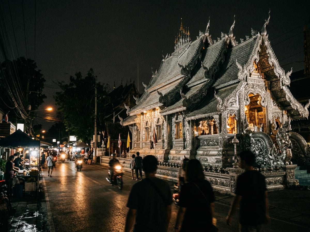 Silver Temple Wat Sri Suphan facade lit at night beside Wua Lai Road