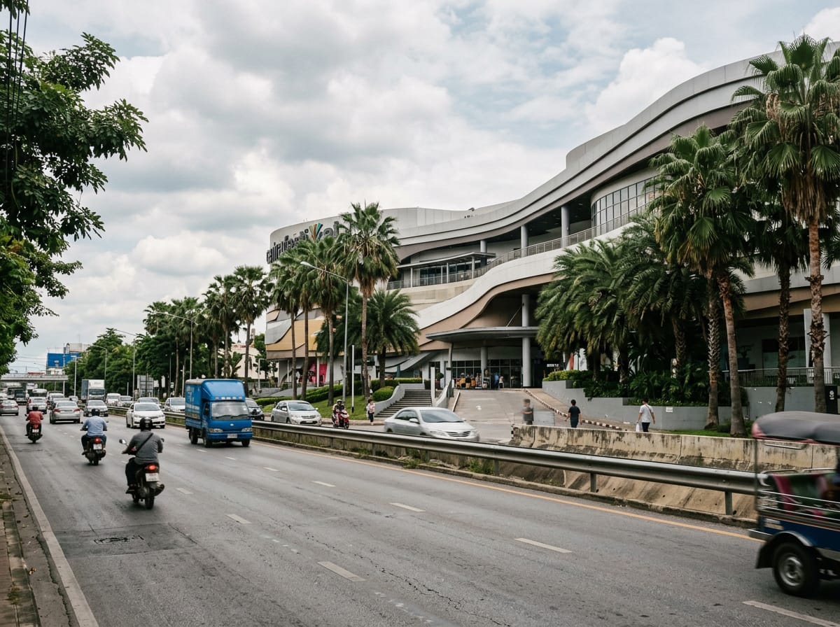 Central Festival Chiang Mai exterior with palm trees on the Superhighway