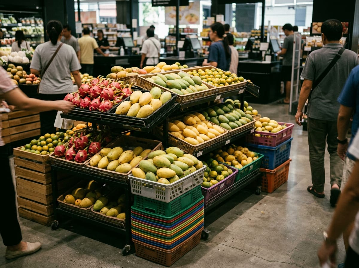 Tops Supermarket fresh produce section with mangoes and dragonfruit