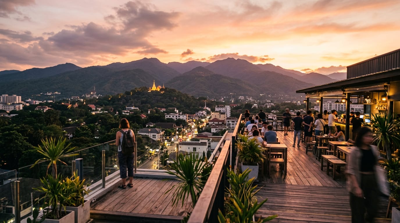 Maya Lifestyle Shopping Centre rooftop with Doi Suthep visible in the background at sunset