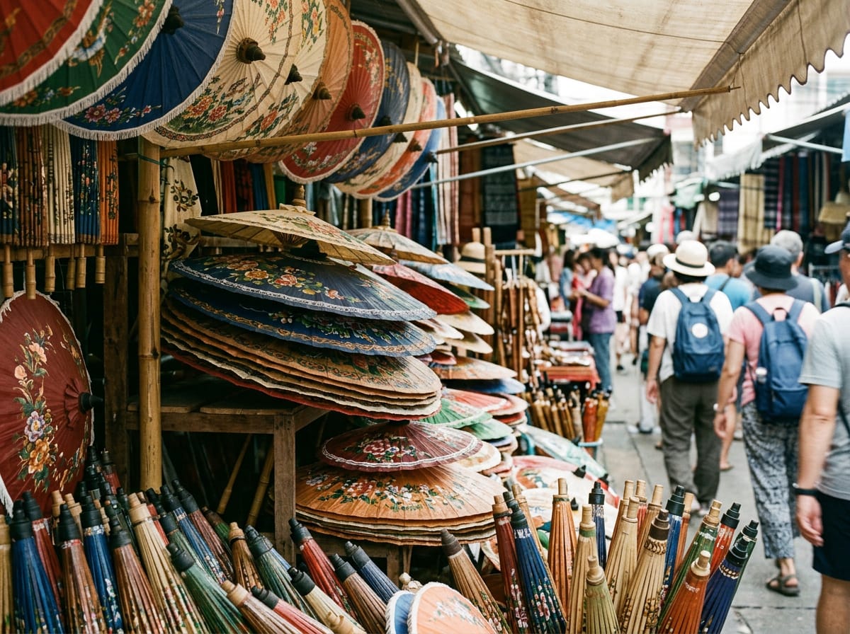 Hand-painted paper umbrellas stacked at a Sunday Walking Street craft stall