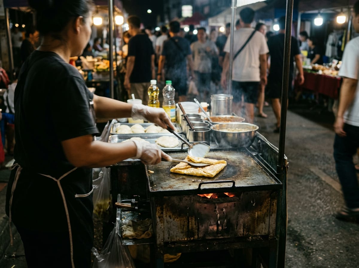 Crispy roti pancake being folded on a charcoal griddle at a Sunday Walking Street food cart