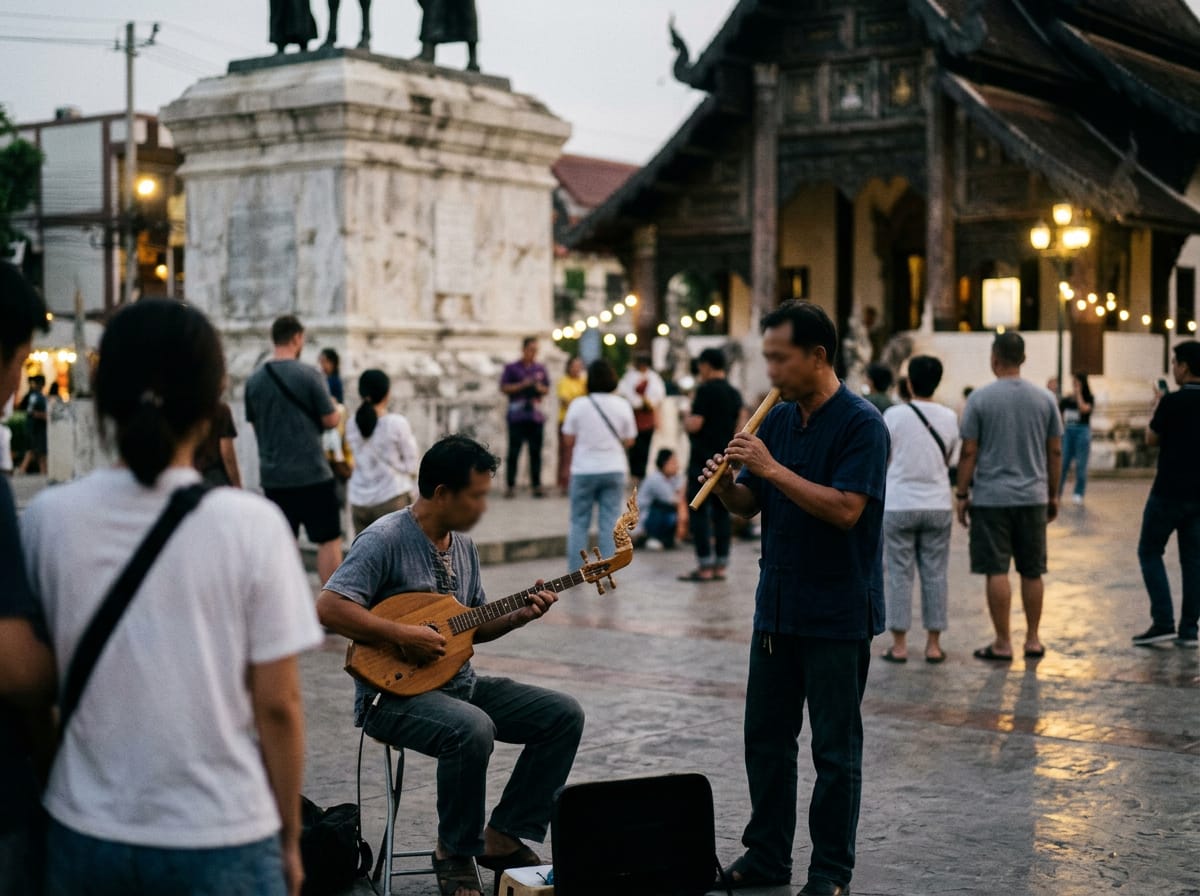 Buskers playing northern Thai sueng and khlui at the Three Kings Monument square