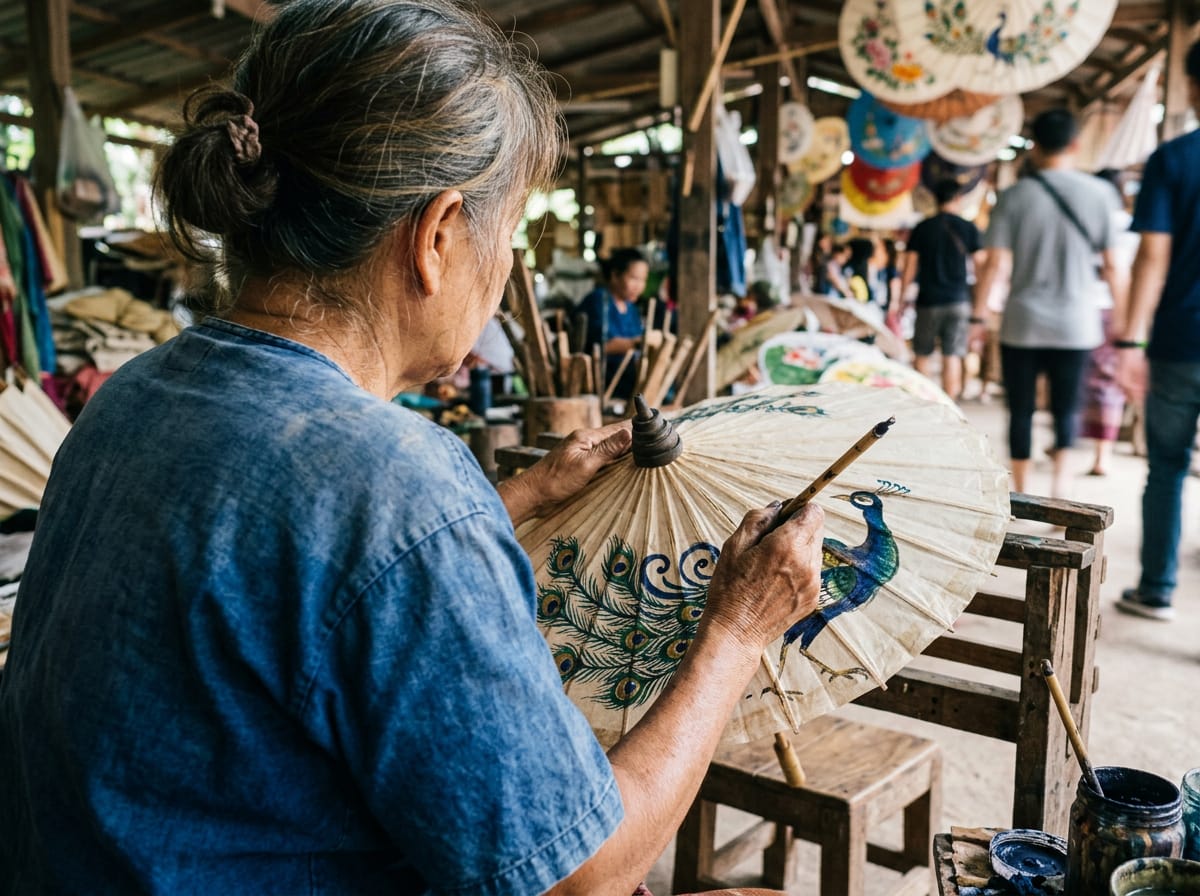 Bo Sang artisan painting a peacock motif on a rice-paper umbrella