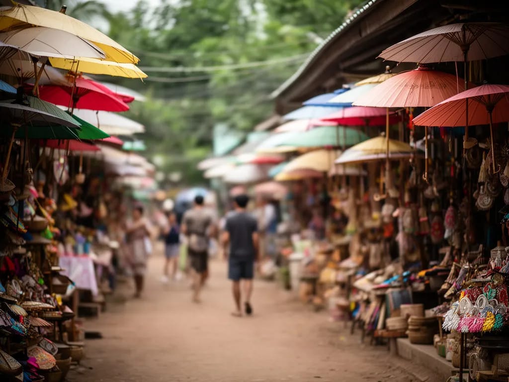 Bo Sang Umbrella Festival parade with women in Lanna dress carrying decorated parasols
