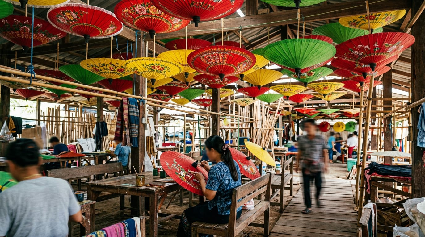 Hand-painted rice-paper umbrellas in red, yellow and green hung from a workshop ceiling at Bo Sang