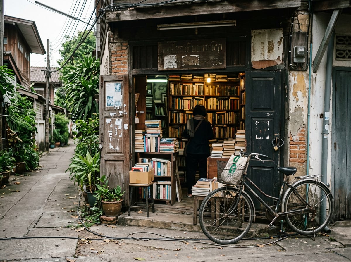 Gecko Books storefront on Ratchamanka Road with bicycle parked outside