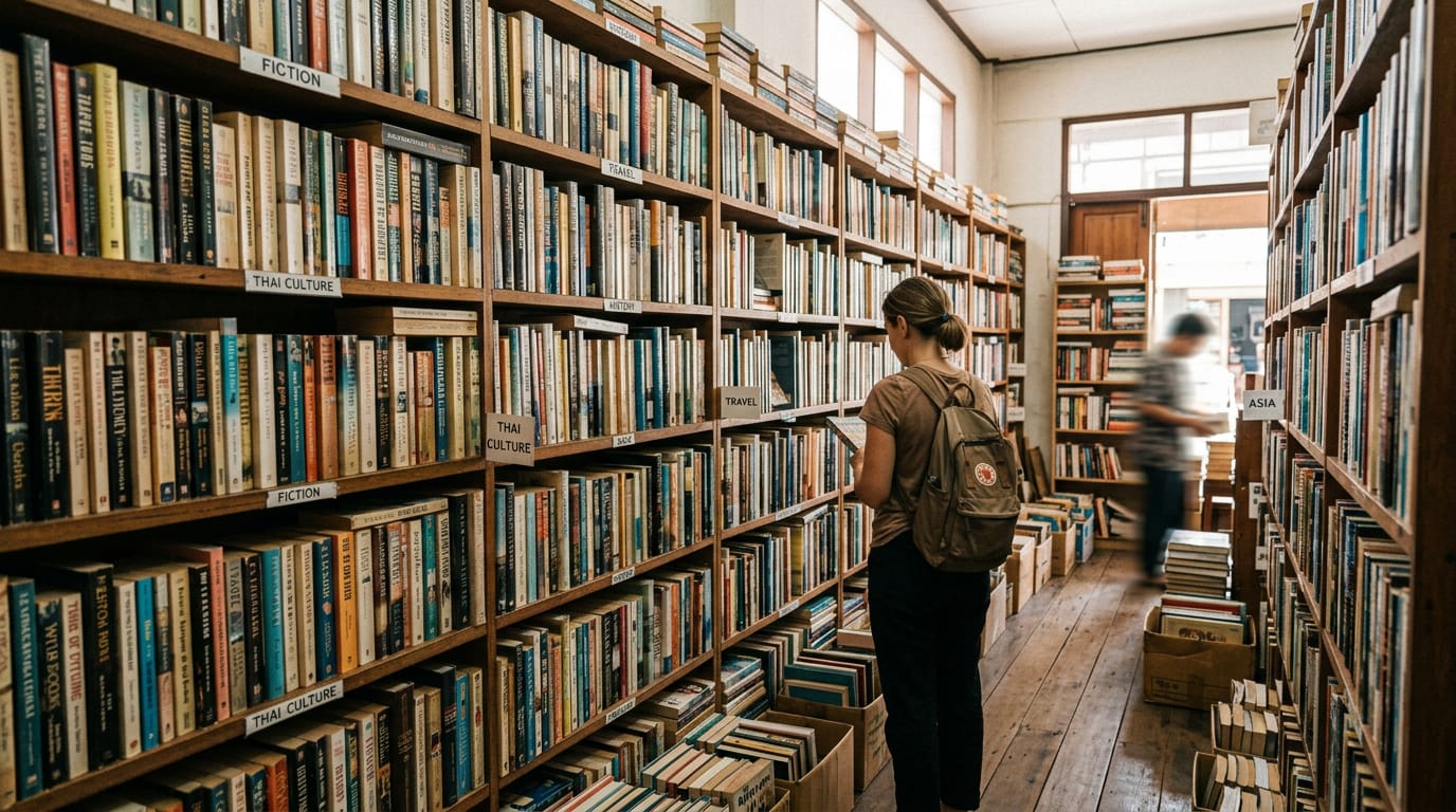 Floor-to-ceiling shelves of second-hand English-language books at Backstreet Books on Ratchamanka Road