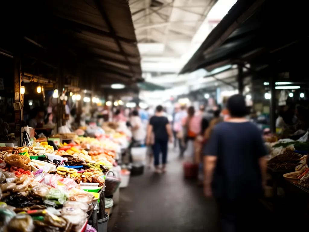 Rows of dried chilli sacks at a Warorot Market ground floor stall