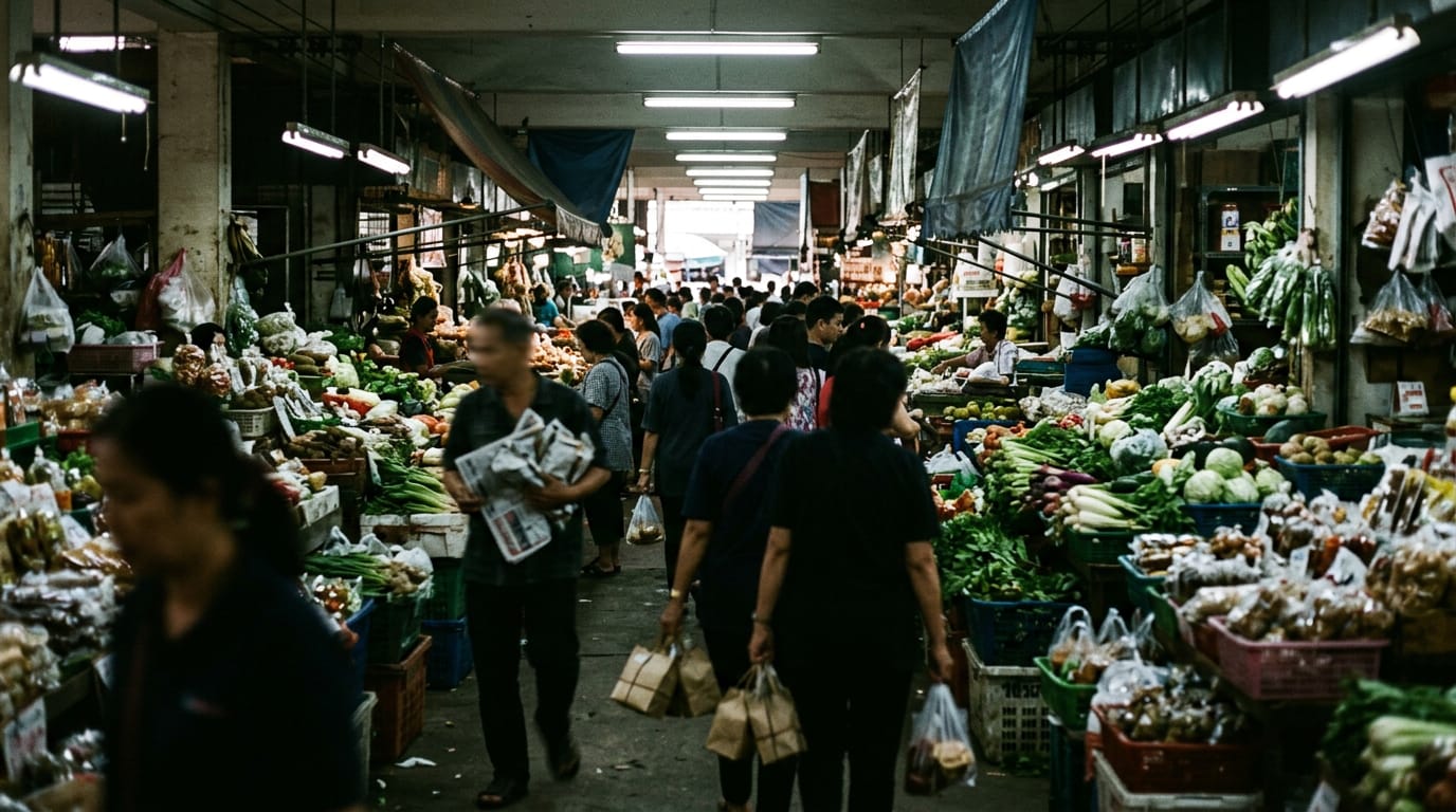 Crowded ground floor of Warorot Market with fresh produce stalls, fluorescent lighting and shoppers carrying paper-wrapped purchases