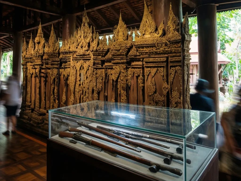 Panel covering the Burmese occupation of Chiang Mai between 1558 and 1774, with period weapons in glass cases