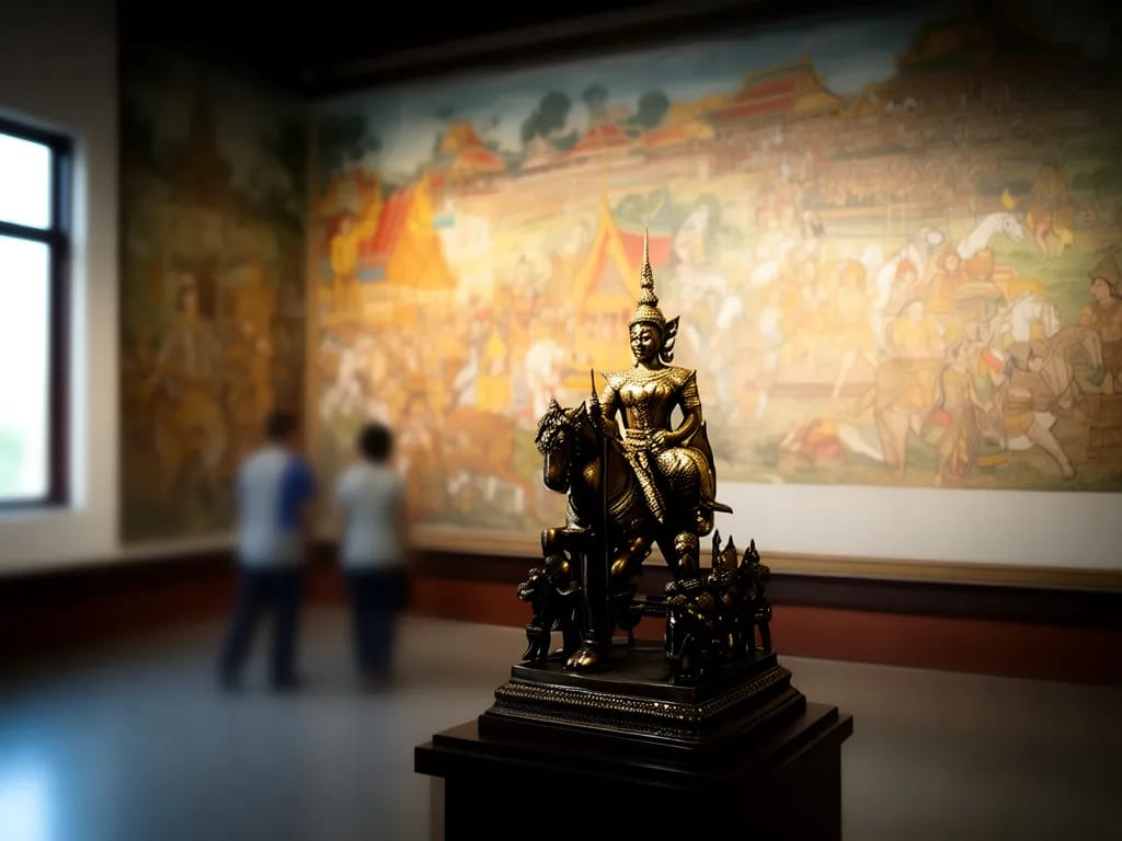 Mural panel and bronze model in the room covering the founding of Chiang Mai by King Mangrai in 1296