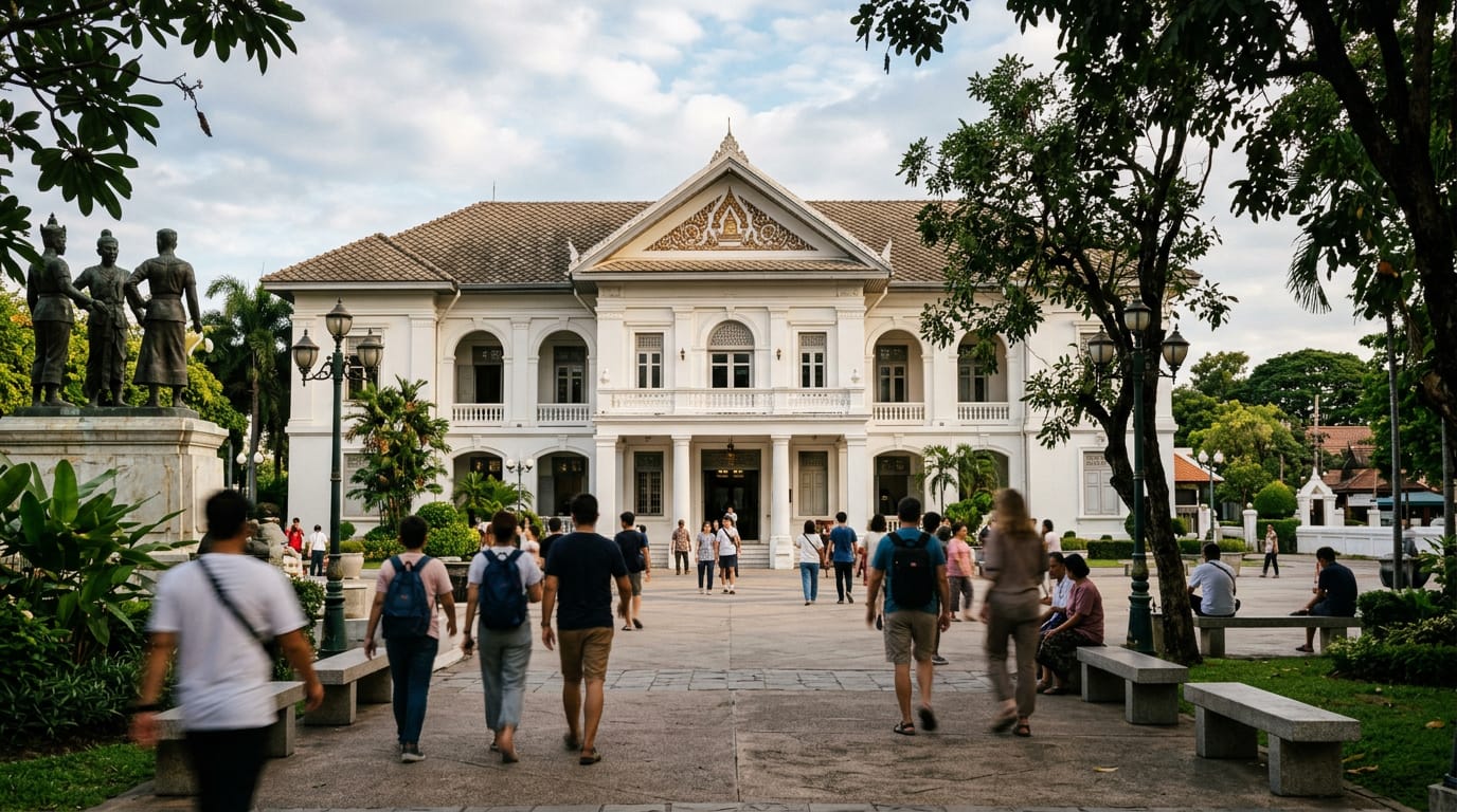The restored 1924 colonial provincial hall on Three Kings Plaza, with its white facade and central pediment, viewed from the monument