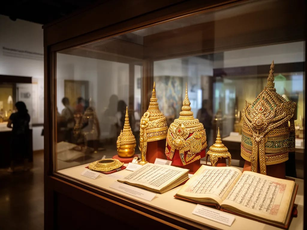 Display case in the Mangrai dynasty room showing royal regalia replicas and chronicle texts