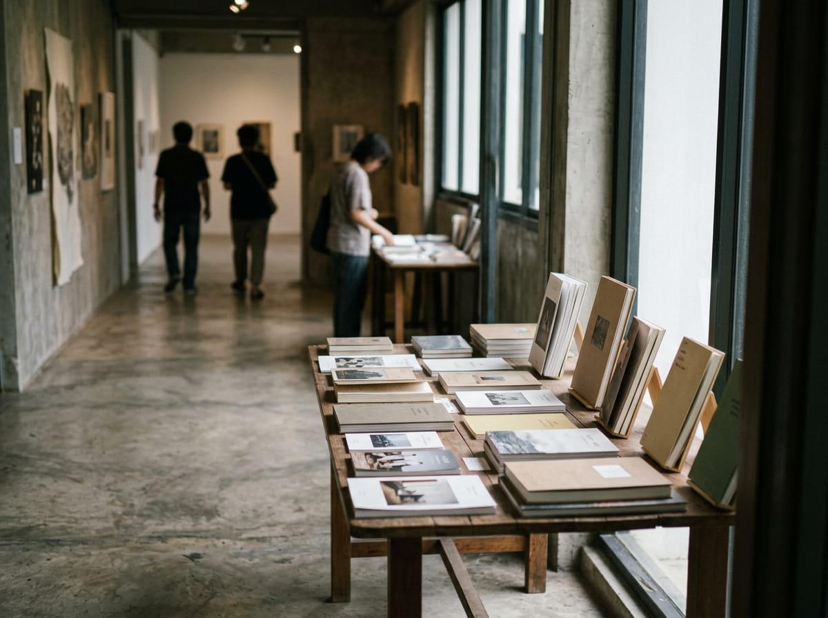 Small art bookshop and exhibition-catalogue table by the main entrance